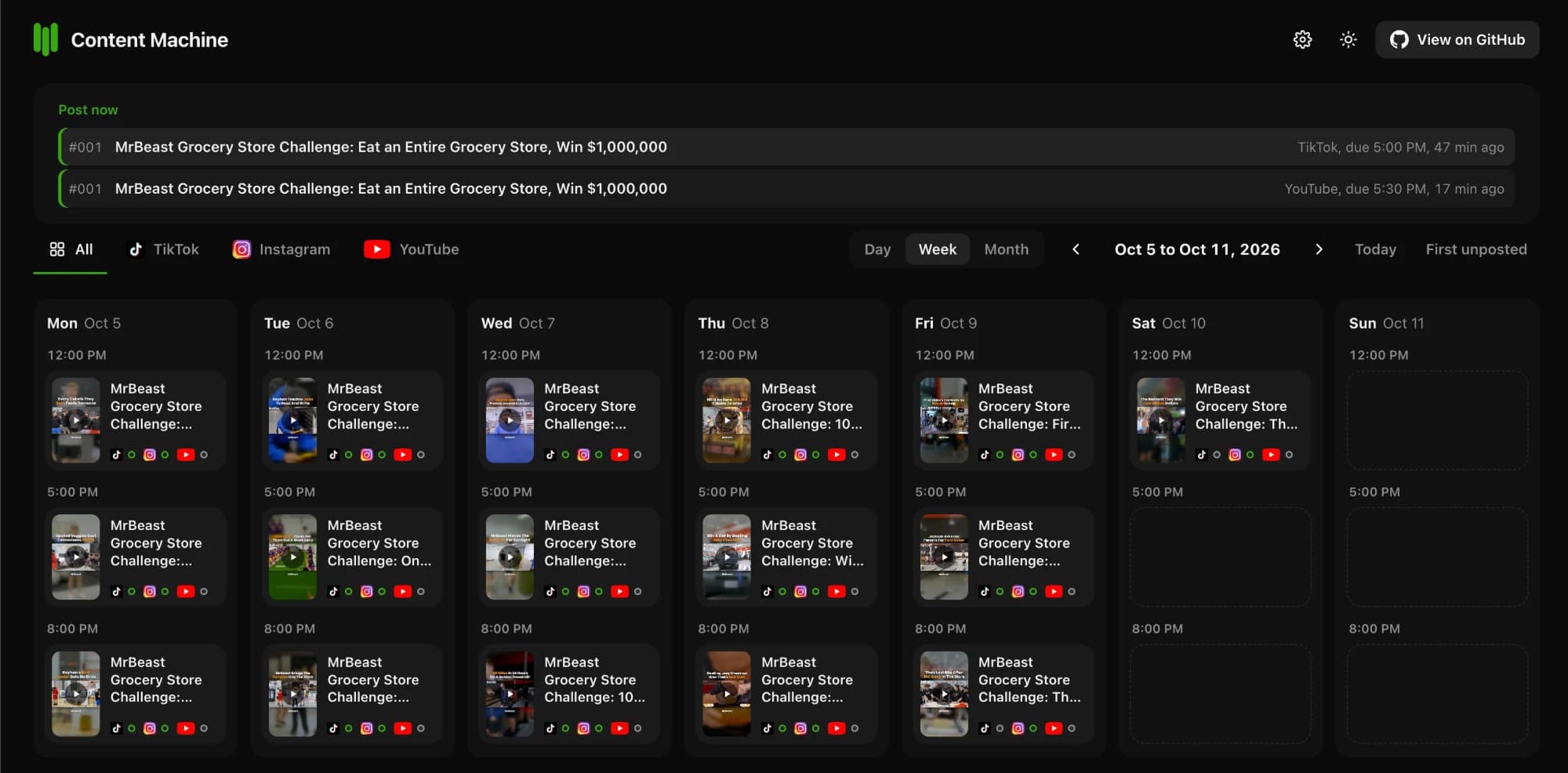 The week calendar: three timed slots a day, per platform